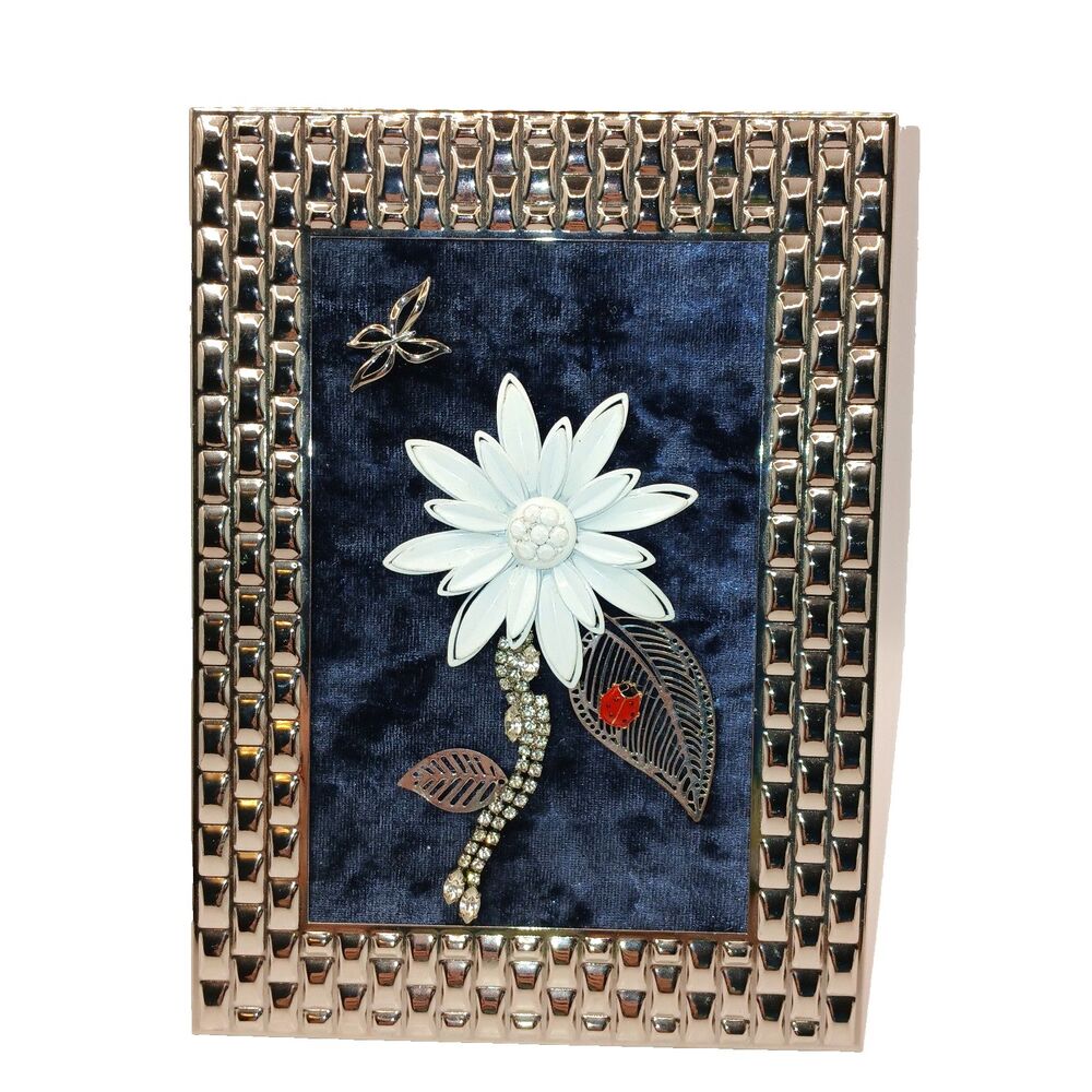 Framed Jewelry Art Silver Tone & White Enameled Brooch Flower Leaves Butterfly